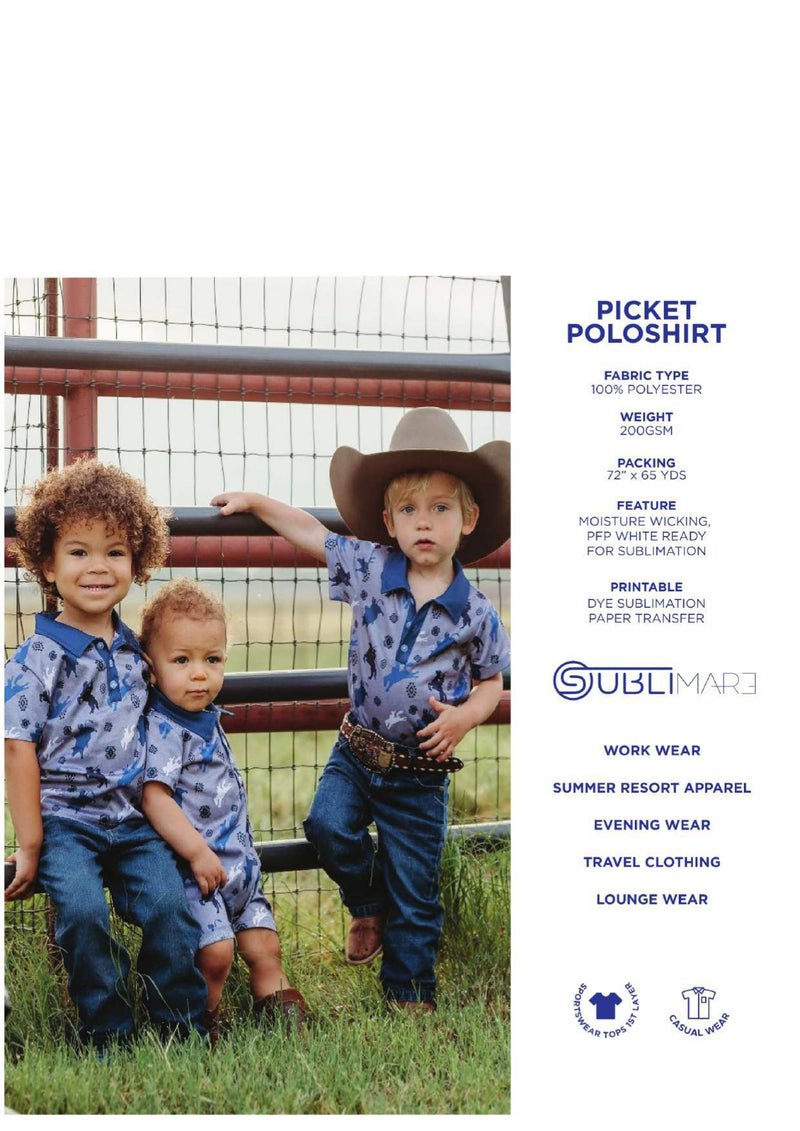 Sublimare catalogue for picket poloshirt sublimation fabric feauturing Two children in matching blue polos and cowboy hats standing next to a fence with product information overlay.