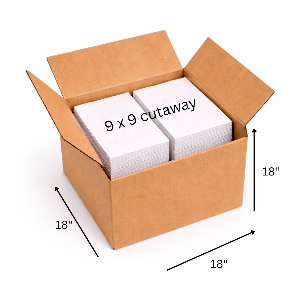 Cardboard box with white embroidery backing inside, labelled '9 x 9 cutaway', on a white background.