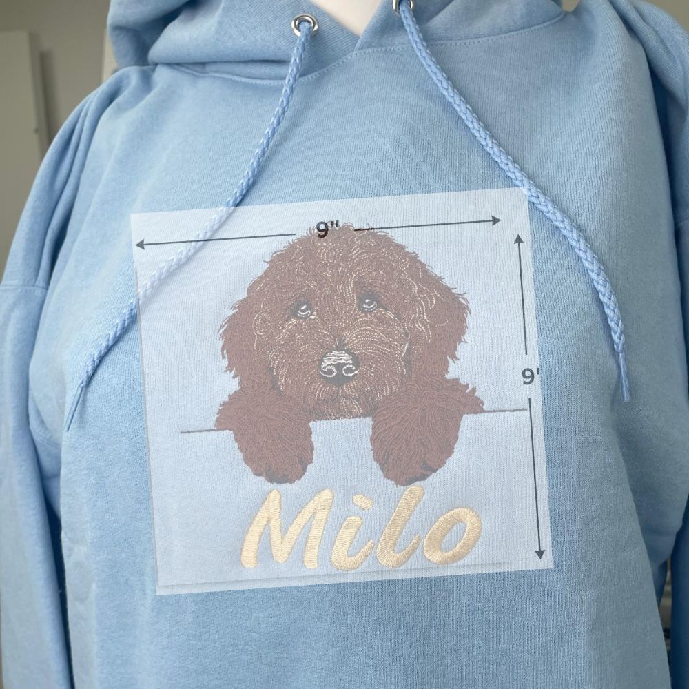 Light blue hoodie with a dog illustration and 'Milo' text on a white background