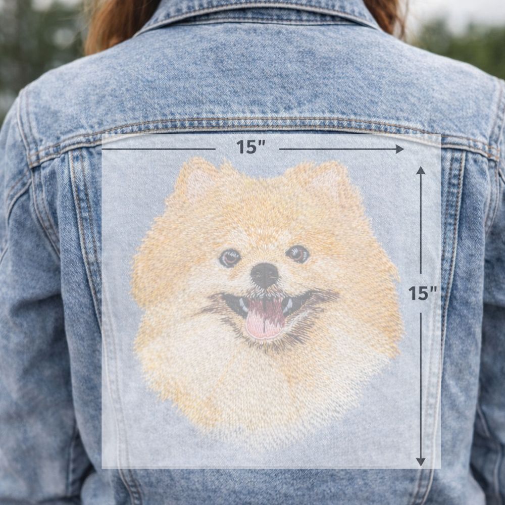 Denim jacket with a embroidered dog patch and measurement labels