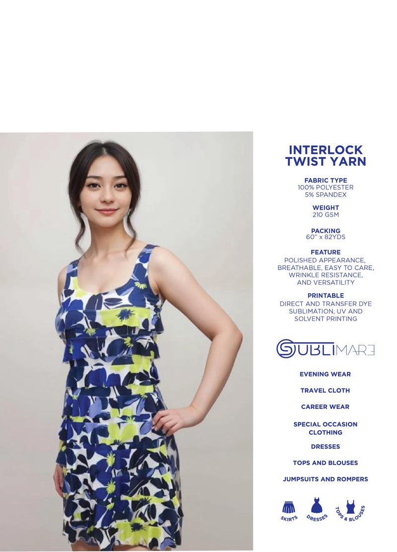 Sublimare catalogue Sheet for Intererlock twist yarn sublimation fabric featuring a woman wearing a floral dress with product details on the right side.