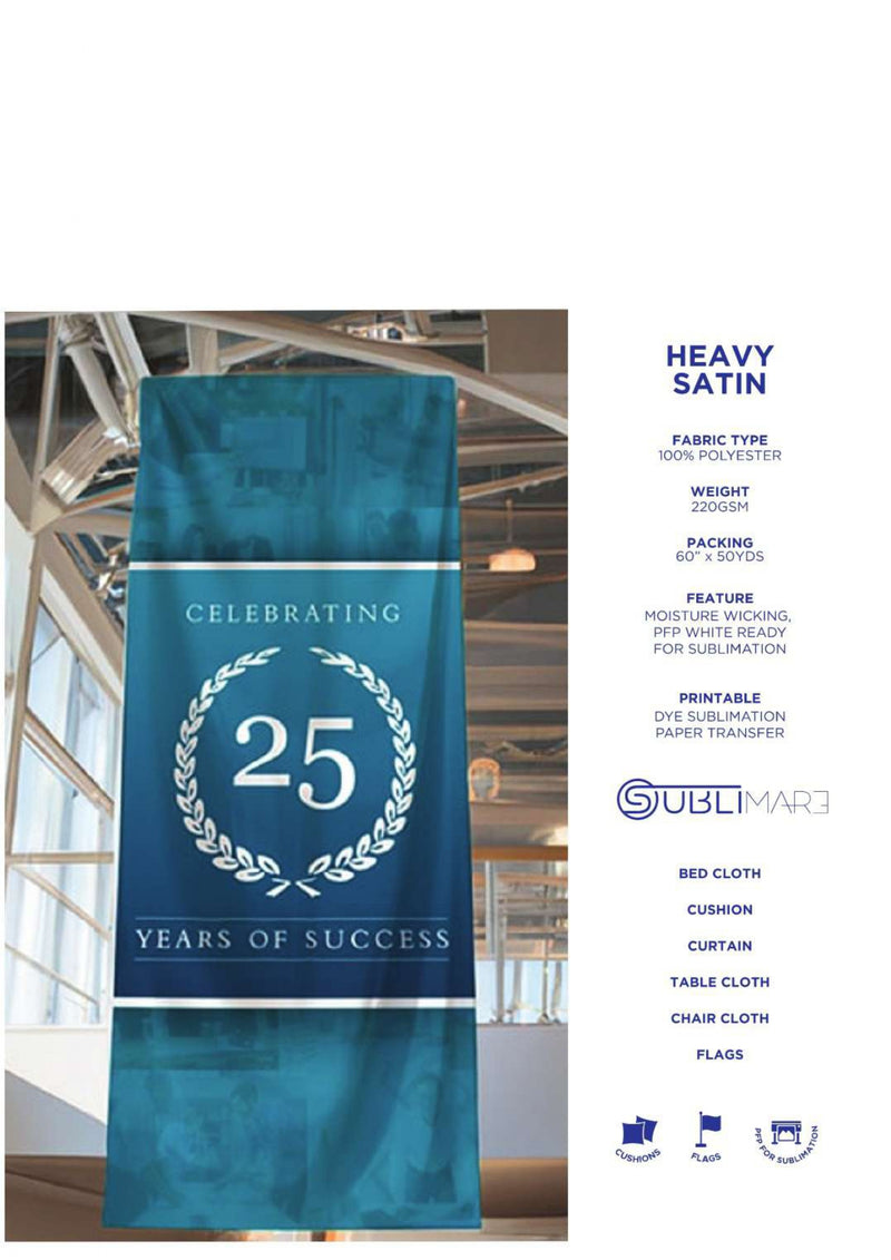 Sublimare catalogue for Heavy Satin sublimation fabric Teal banner with 'Celebrating 25 Years of Success' text and Sublimare branding.