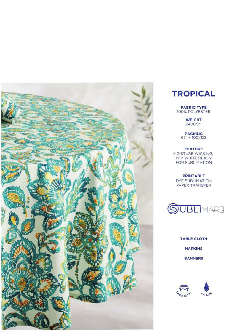Sublimare catalogue for Tropica sublimation fabric featuring a teal-and-white patterned tablecloth on a white background with Sublimare branding.