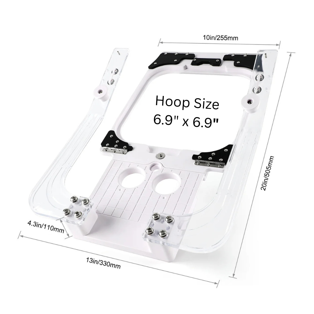Clear embroidery hoop with dimensions labeled on a white background