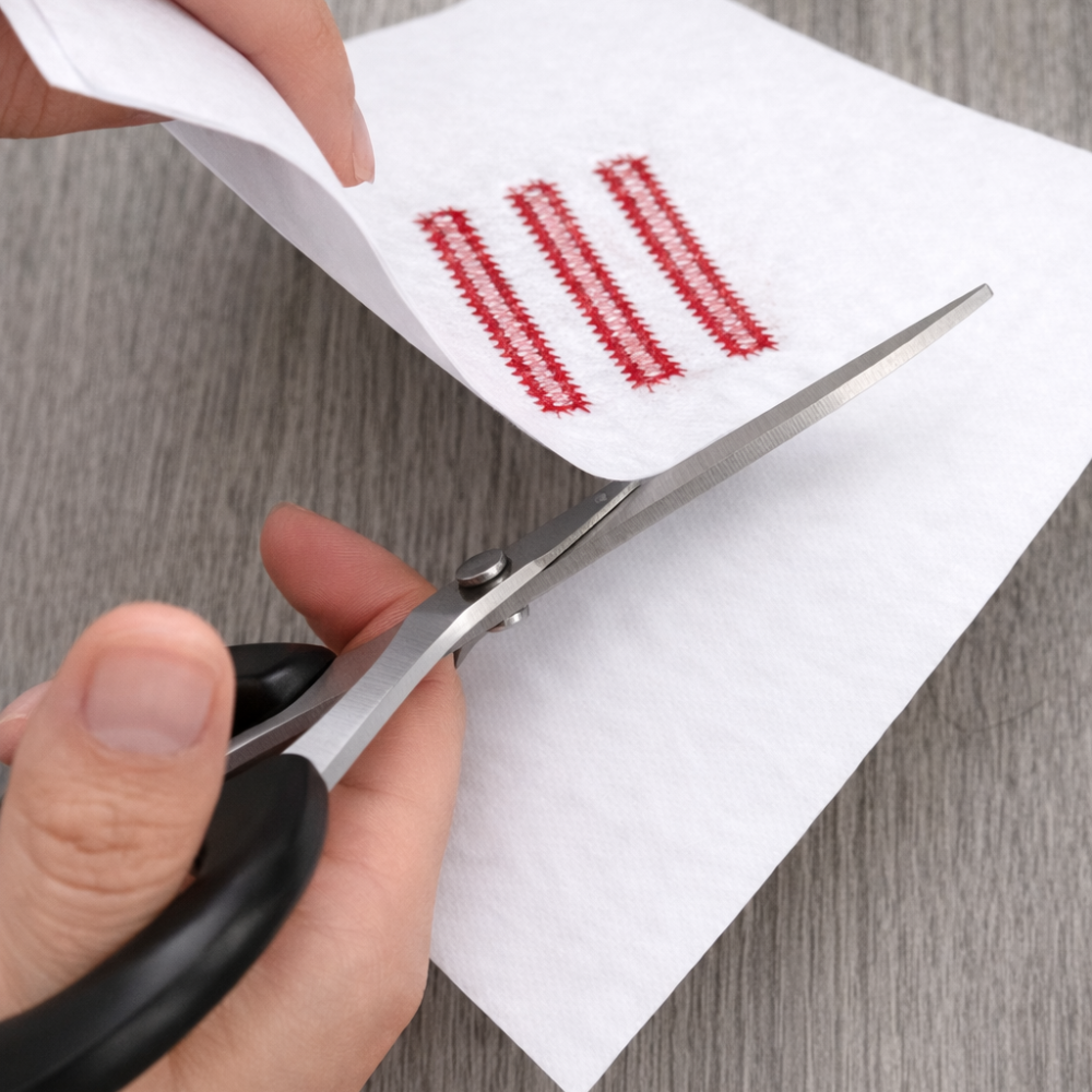 Person cutting a piece of paper with red text using scissors on a gray surface.