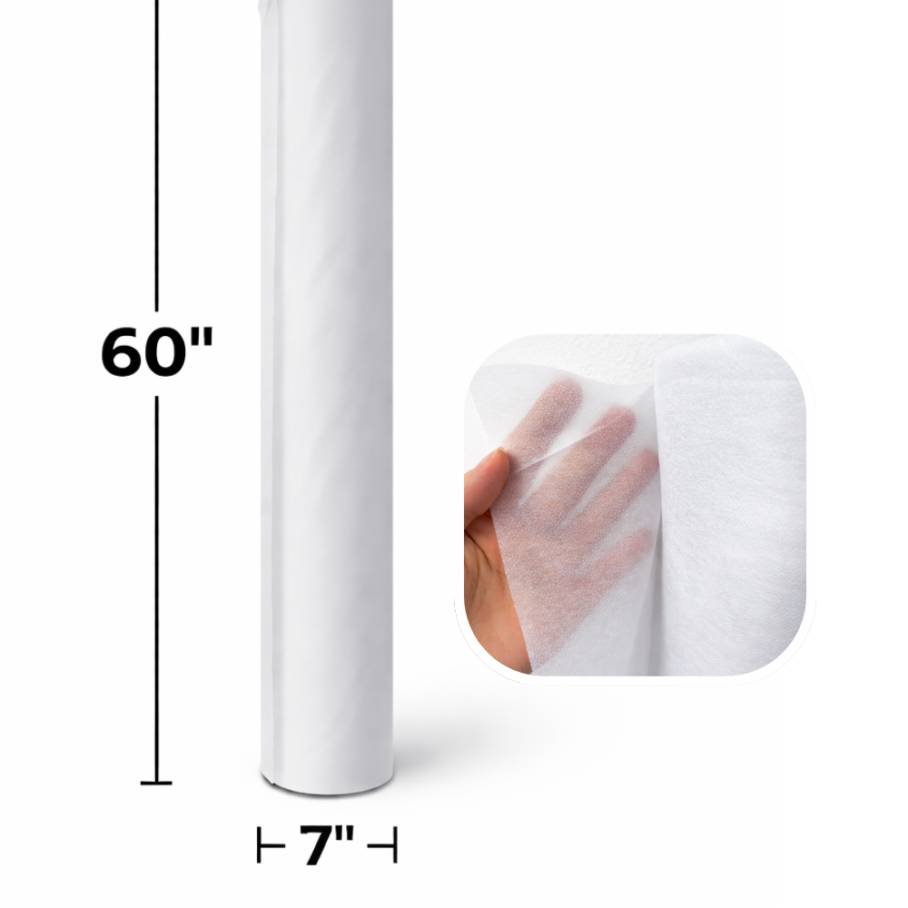 Roll of white pelon adhesive collar for shirt and poloshirt with dimensions indicated and a close-up of a hand holding a sheet.