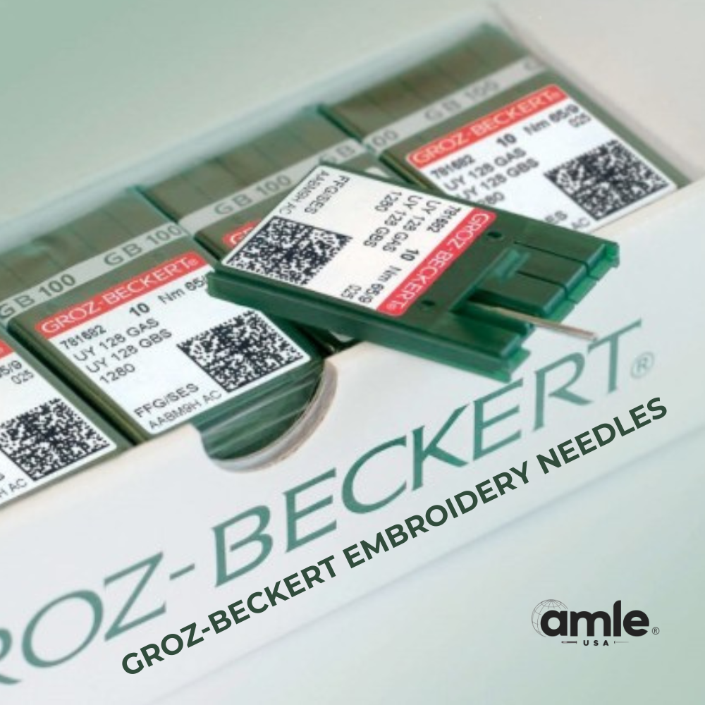 Groz-Beckert embroidery needles with packaging on a white background