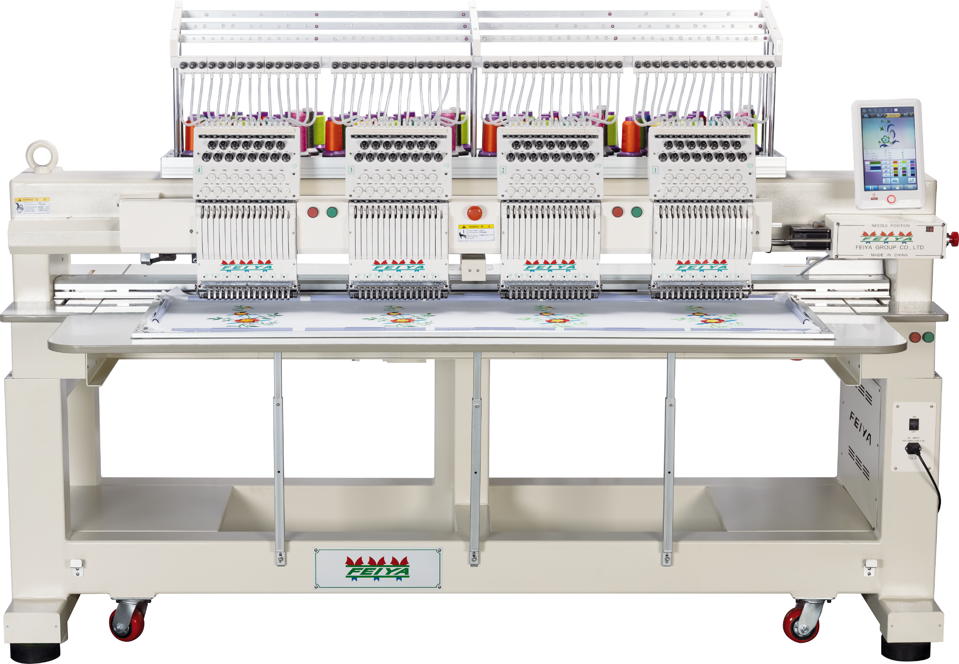 Feiya 4 head 15 needle each Embroidery machine  and a digital display on a clear background