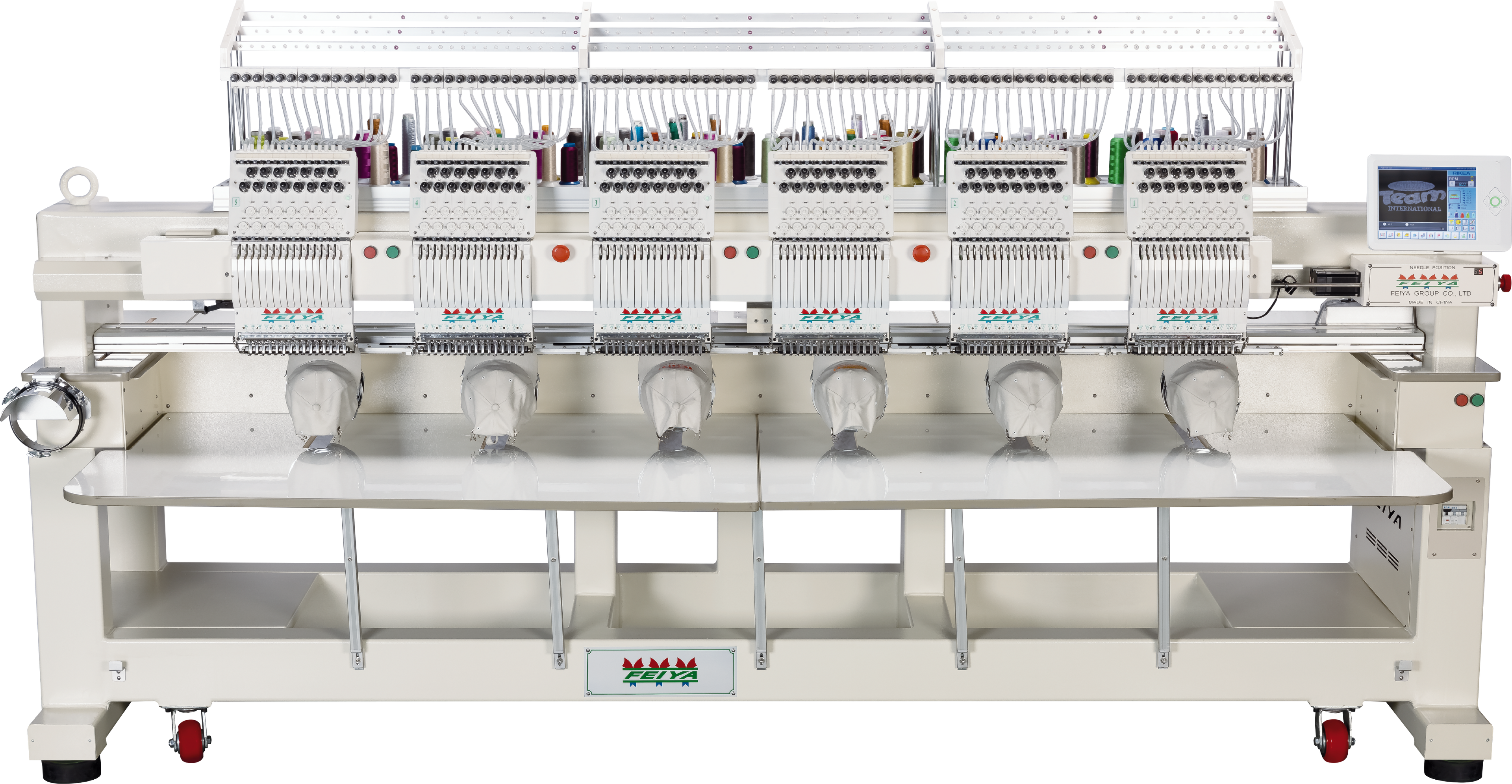 Feiya 6 head 15 needles each Embroidery machine with cylinder attachments for cap embroidery on a clear background