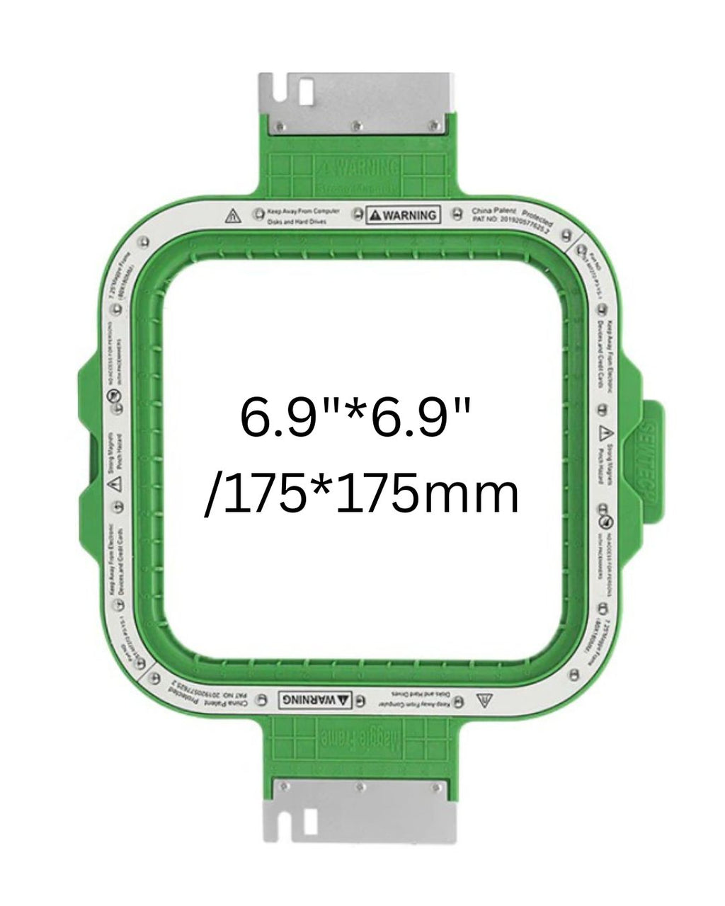 Green embroidery hoop with dimensions 6.9" x 6.9" on a white background