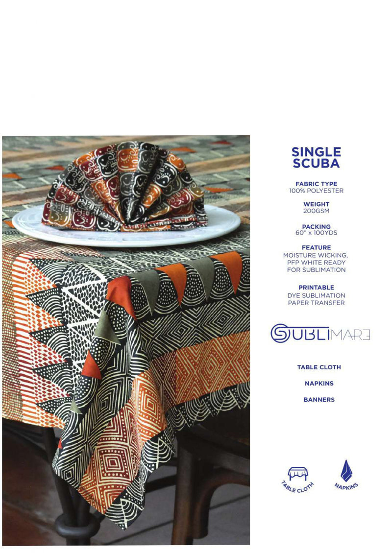 Sublimare Catalogue for single scuba sublimation fabric Tablecloth with geometric pattern on a table, featuring Sublimare branding.