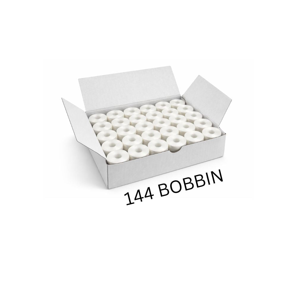 Box of 144 white bobbins on a white background