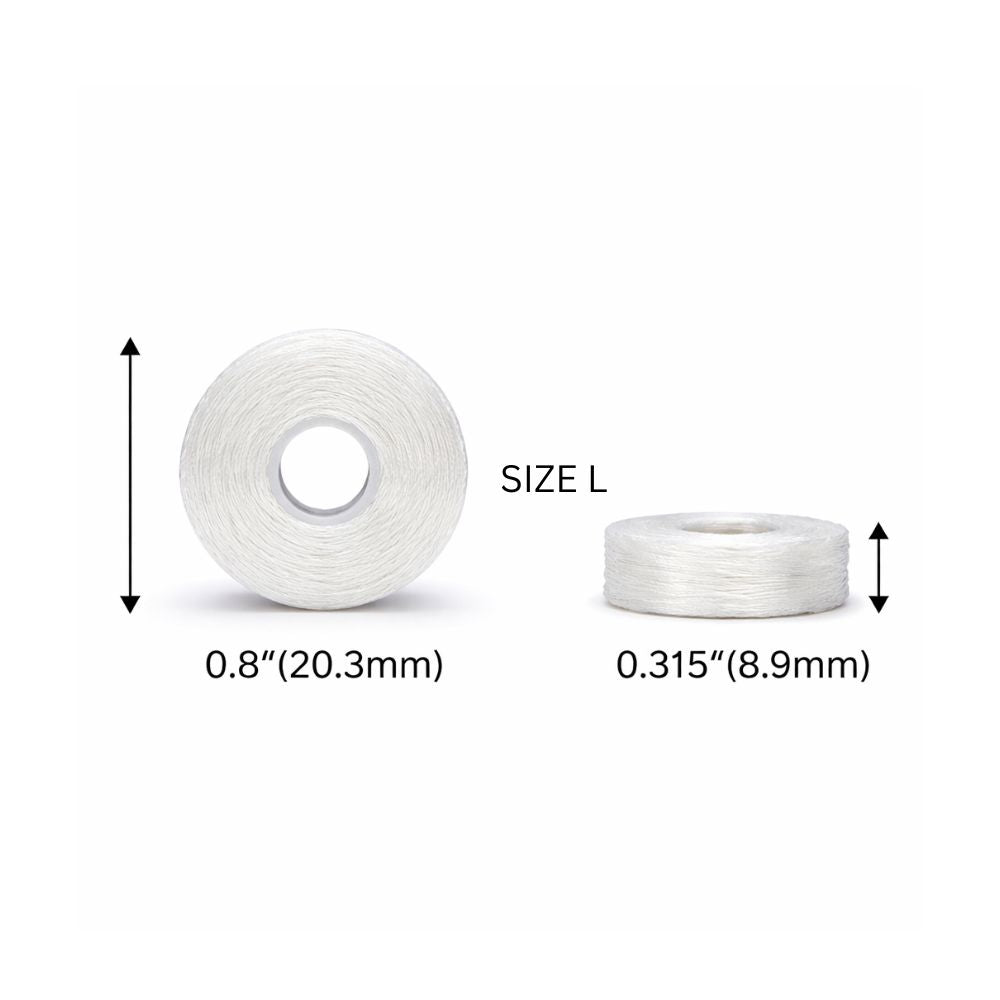 Two rolls of white thread embroidery bobbins with measurements labelled on a white background