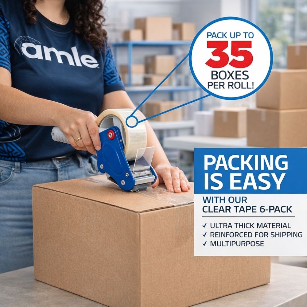 Person packing boxes with clear tape, promotional text about tape capacity and features.