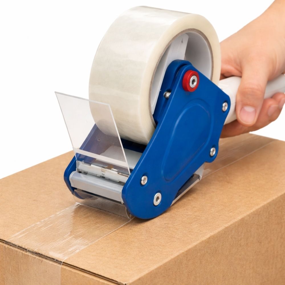 Person using a blue tape dispenser to seal a cardboard box on a white background