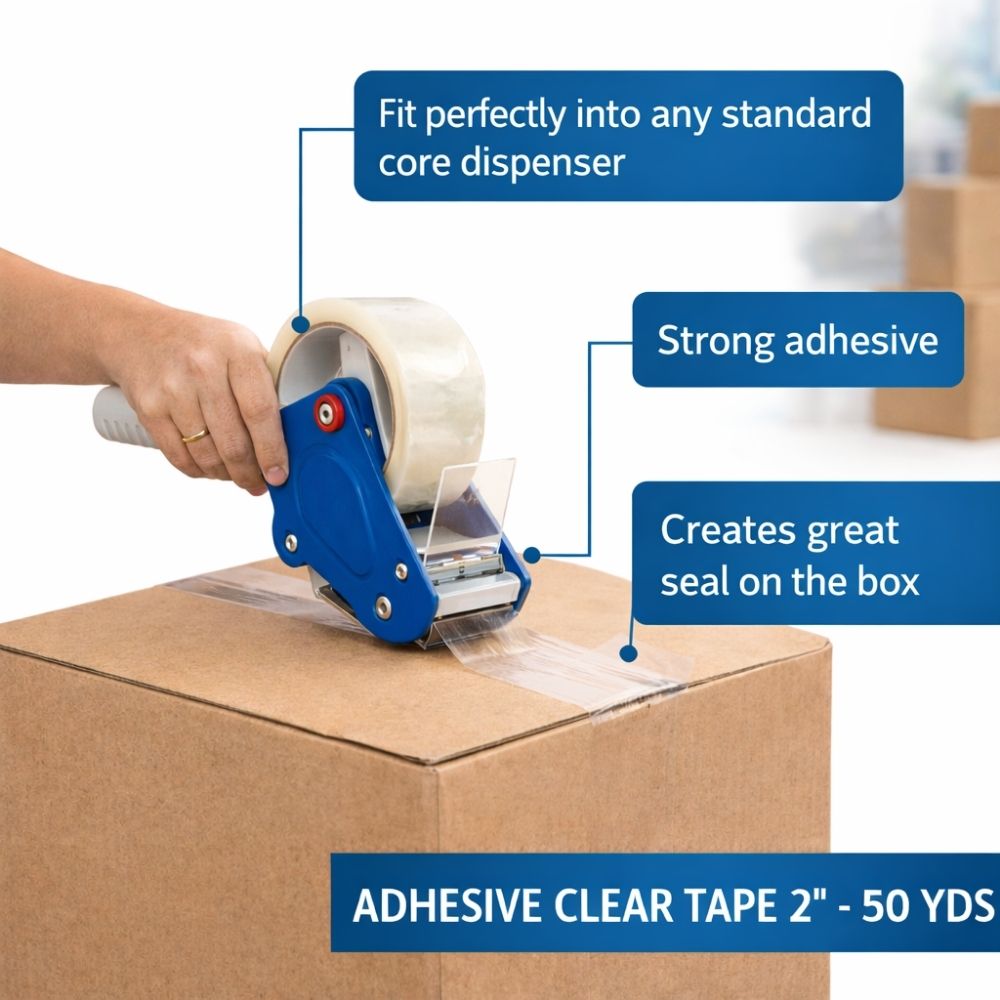Person using adhesive clear tape to seal a cardboard box with product features highlighted.