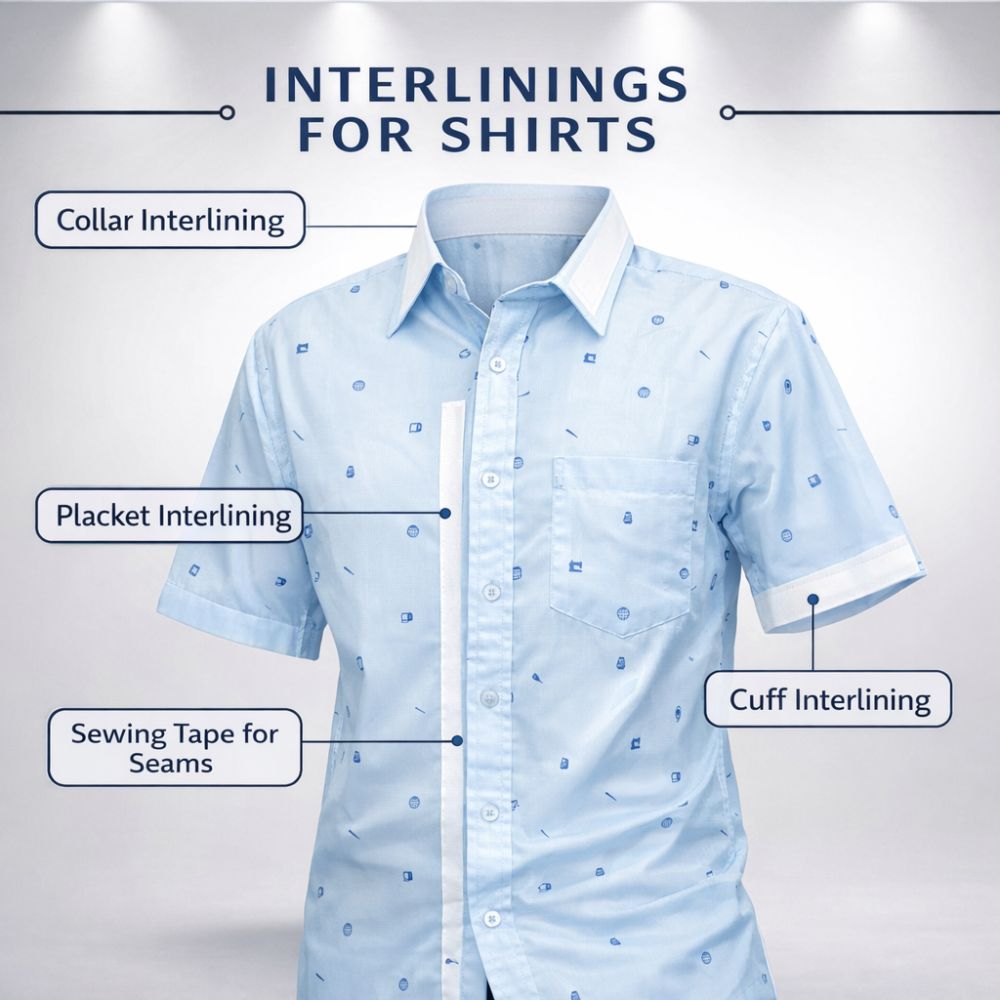 Blue shirt with labelled interlinings on a gray background, showcasing the uses of Interlining fabric 