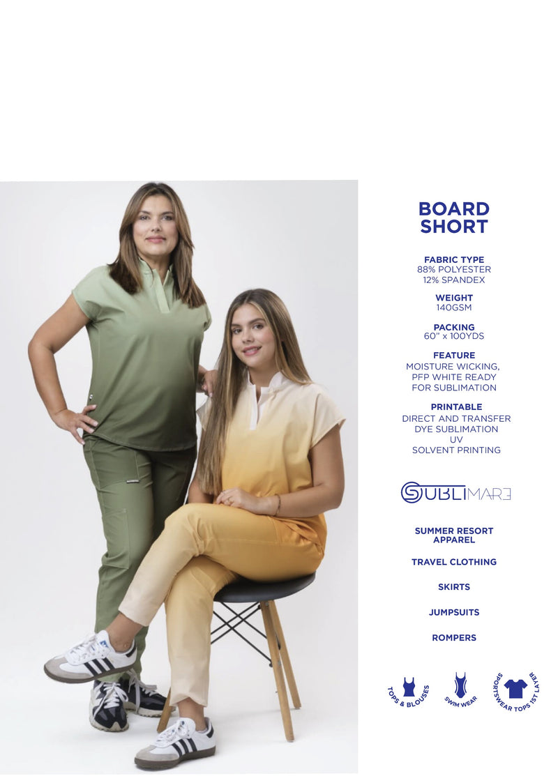 Sublimare catalogue sheet for Board Short sublimation fabric featuring two women, one standing and one sitting on a chair, with promotional text and graphics on the right.