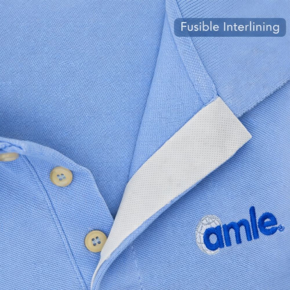Close-up of a blue shirt with fusible interlining and 'amle' branding.