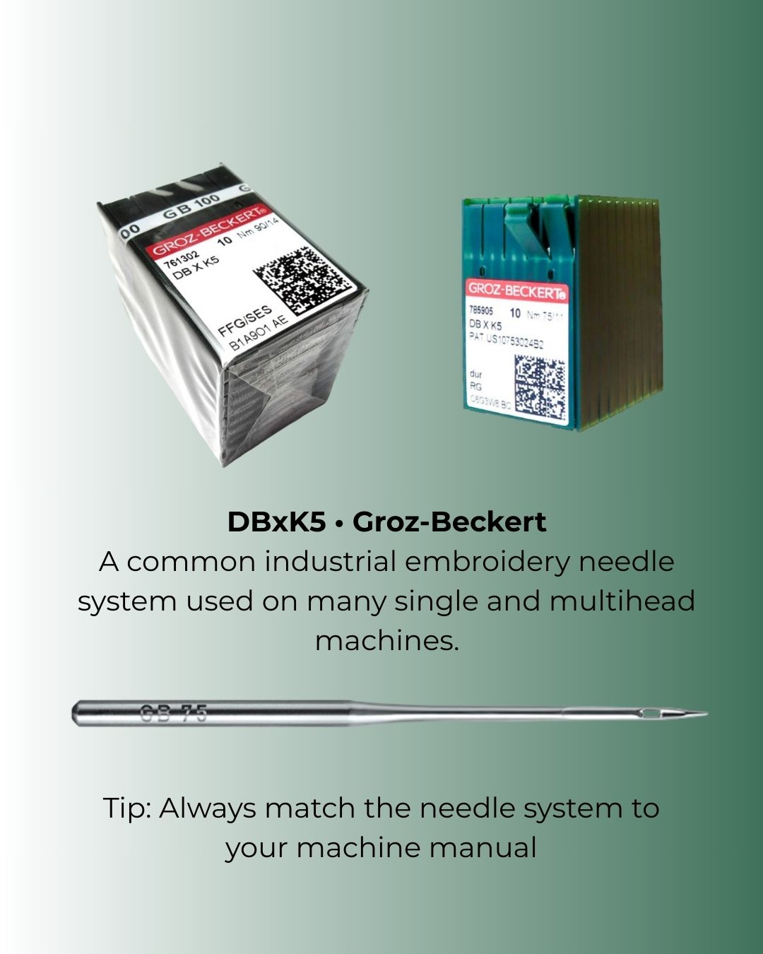 Groz-Beckert DBxK5 embroidery needles with packaging on a green background