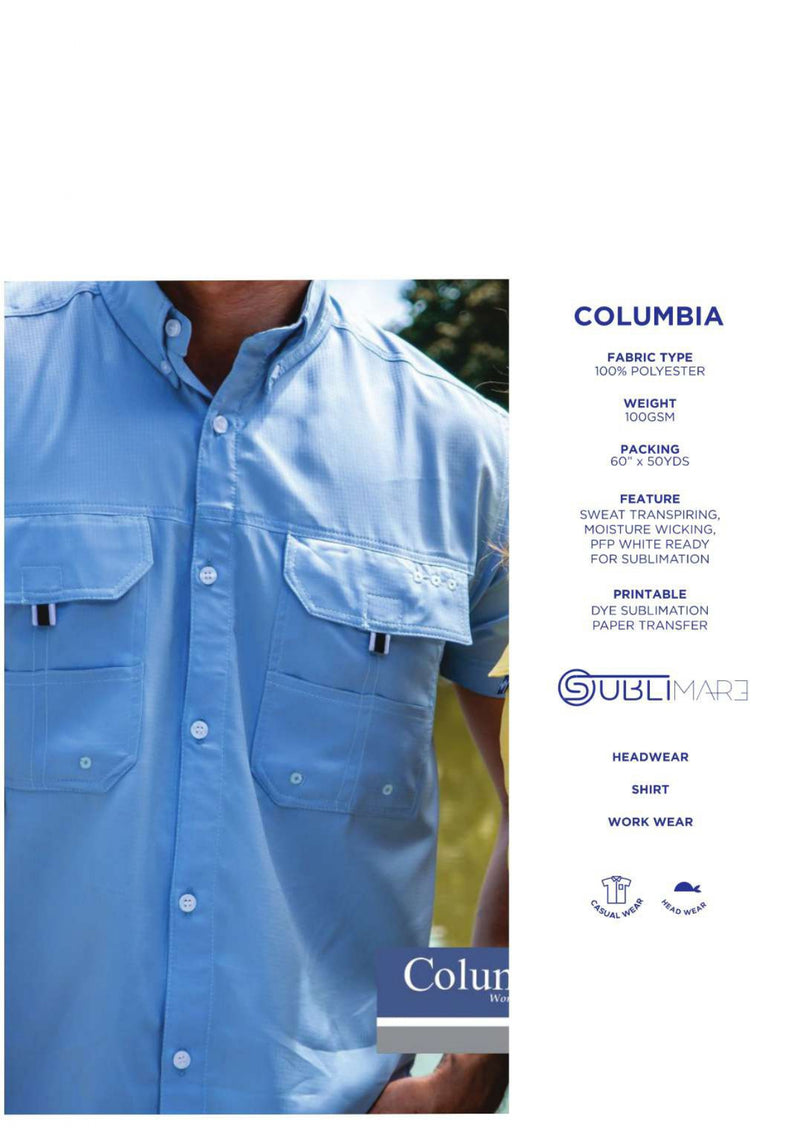 Sublimare catalogue sheet for columbia sublimation fabric feuturing Blue shirt with Columbia branding on a white background