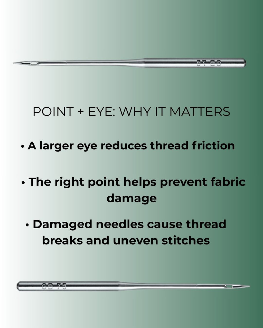 Needle with text explaining point and eye importance on a green background