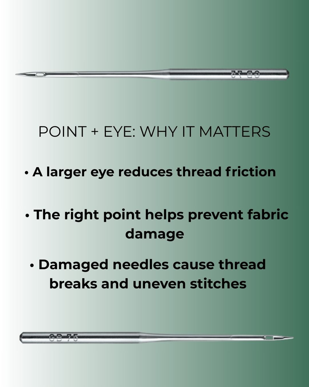 Needle with text explaining point and eye importance on a green background