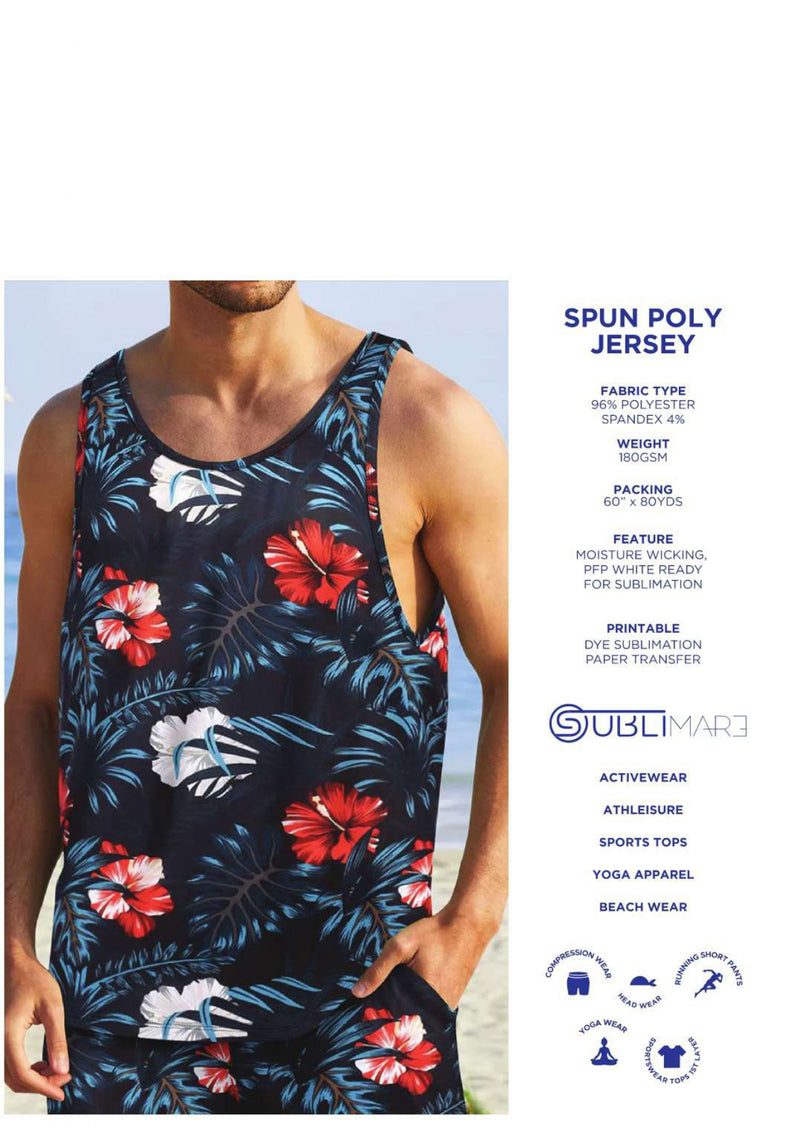 Sublimare catalogue for Spun poly Jersey sublimation fabric with Tank top with floral design on a person against a beach background, featuring Sublimare branding.