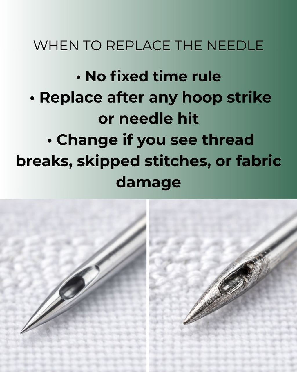 Text explaining when to replace a needle with two needles on a fabric background.