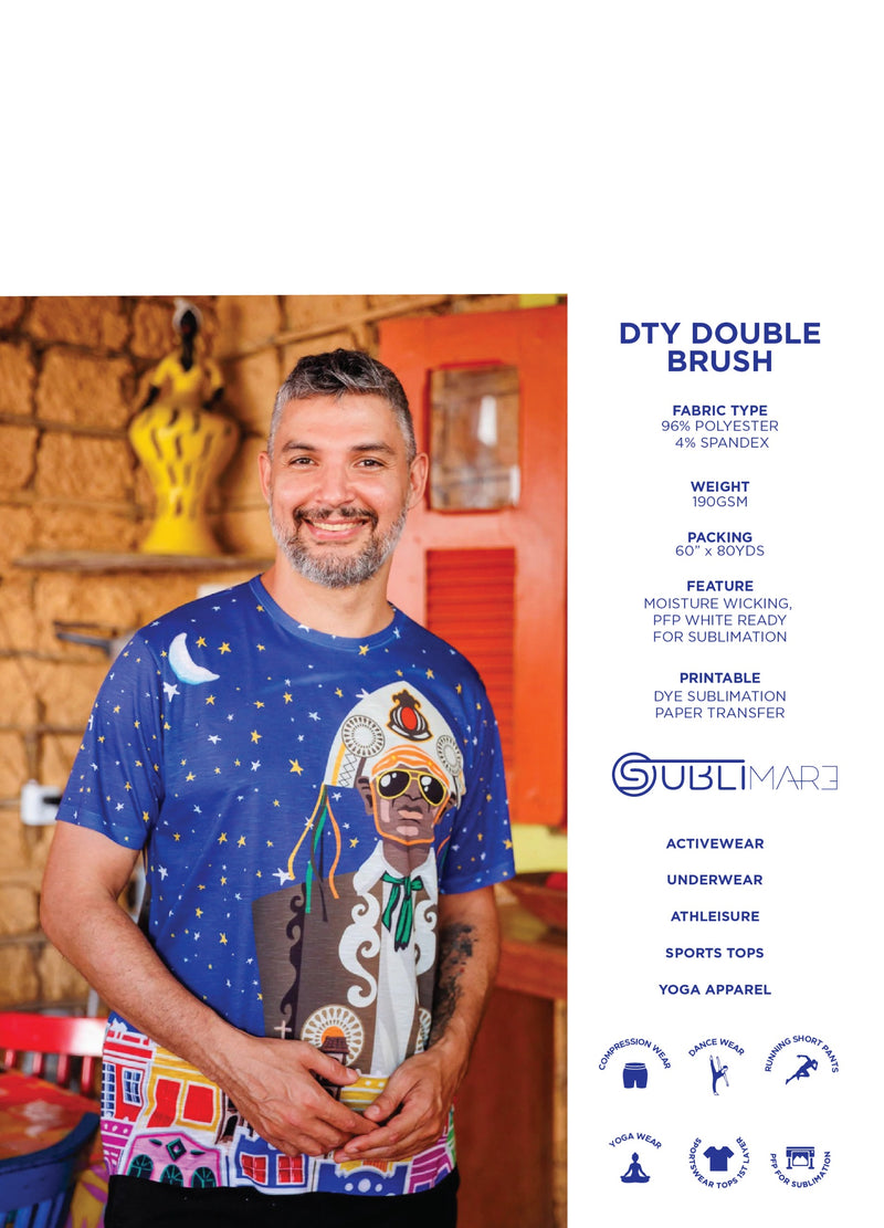 Sublimare catalogue sheet for DTY double brush sublimation fabric. A man wearing a blue t-shirt with a graphic design, standing in a casual setting.