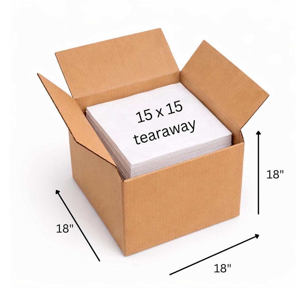 Box of 15x15 tearaway embroidery sheets with dimensions indicated