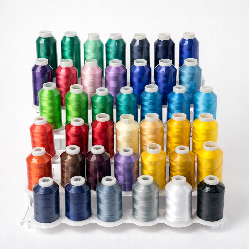 Assorted spools of thread on a white background