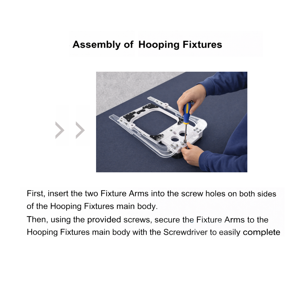 Person assembling hoopping fixtures with text instructions on a white background