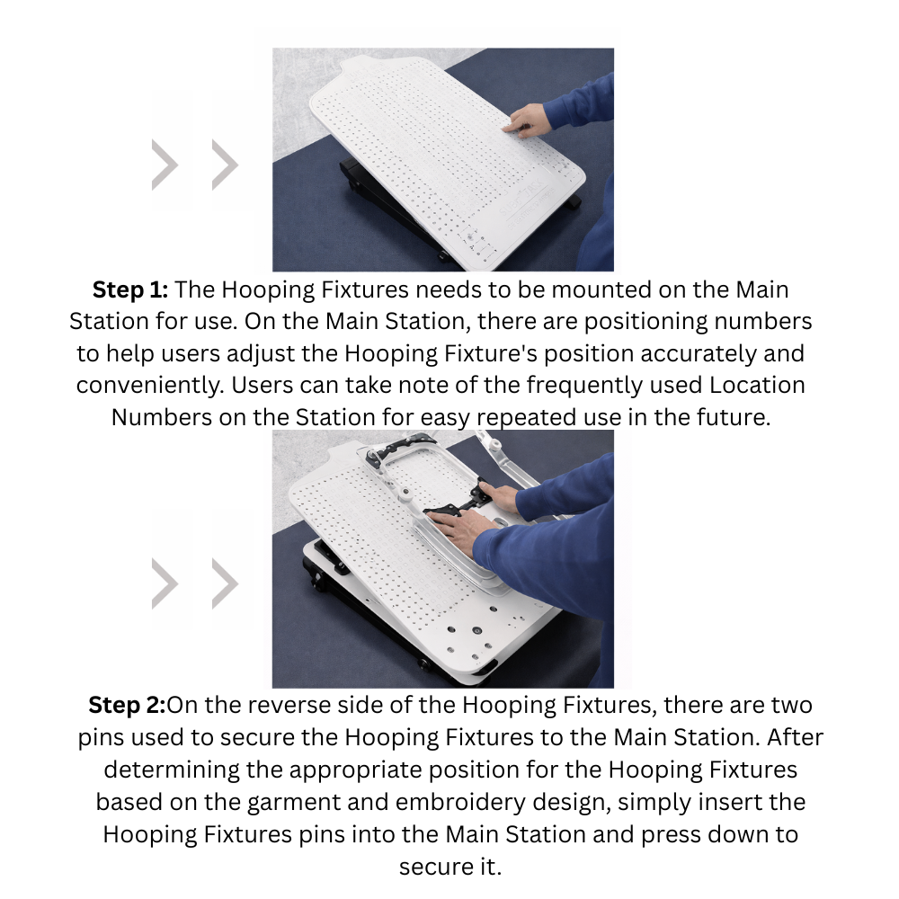 Instructions on mounting hoop fixtures on a embroidery machine with text overlay.