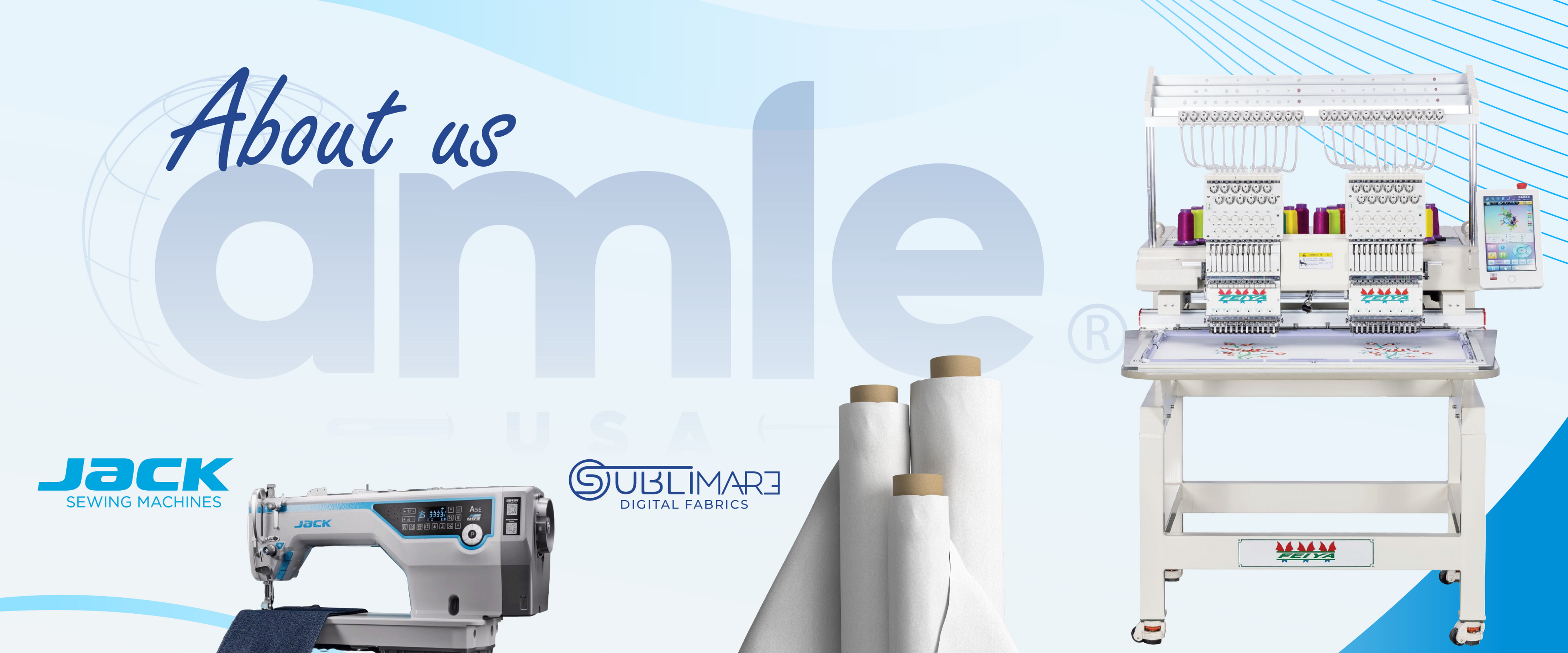 Promotional banner featuring sewing machines and text about AMLE, JACK, and Sublimar.