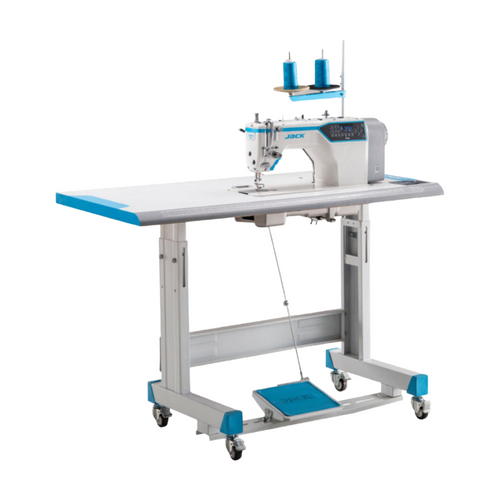 Jack brand Sewing machine on a stand with blue accents on a white background
