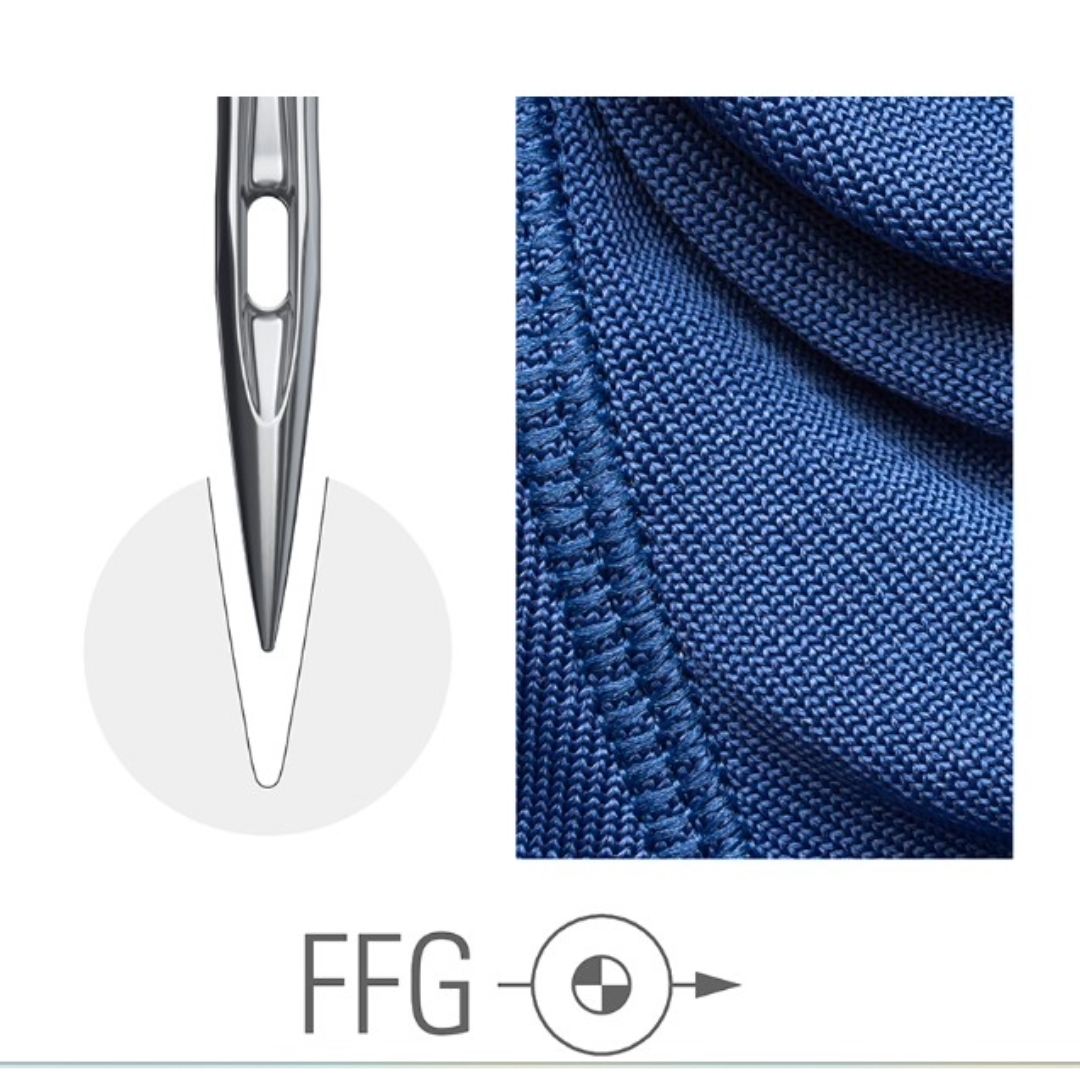 Close-up of a sewing needle and blue fabric with stitching, featuring the 'FFG' logo.