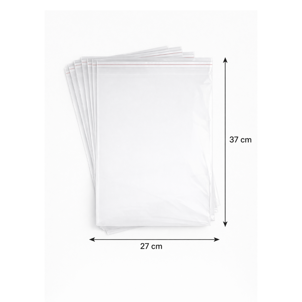 Stack of clear packing with dimensions labelled on a white background