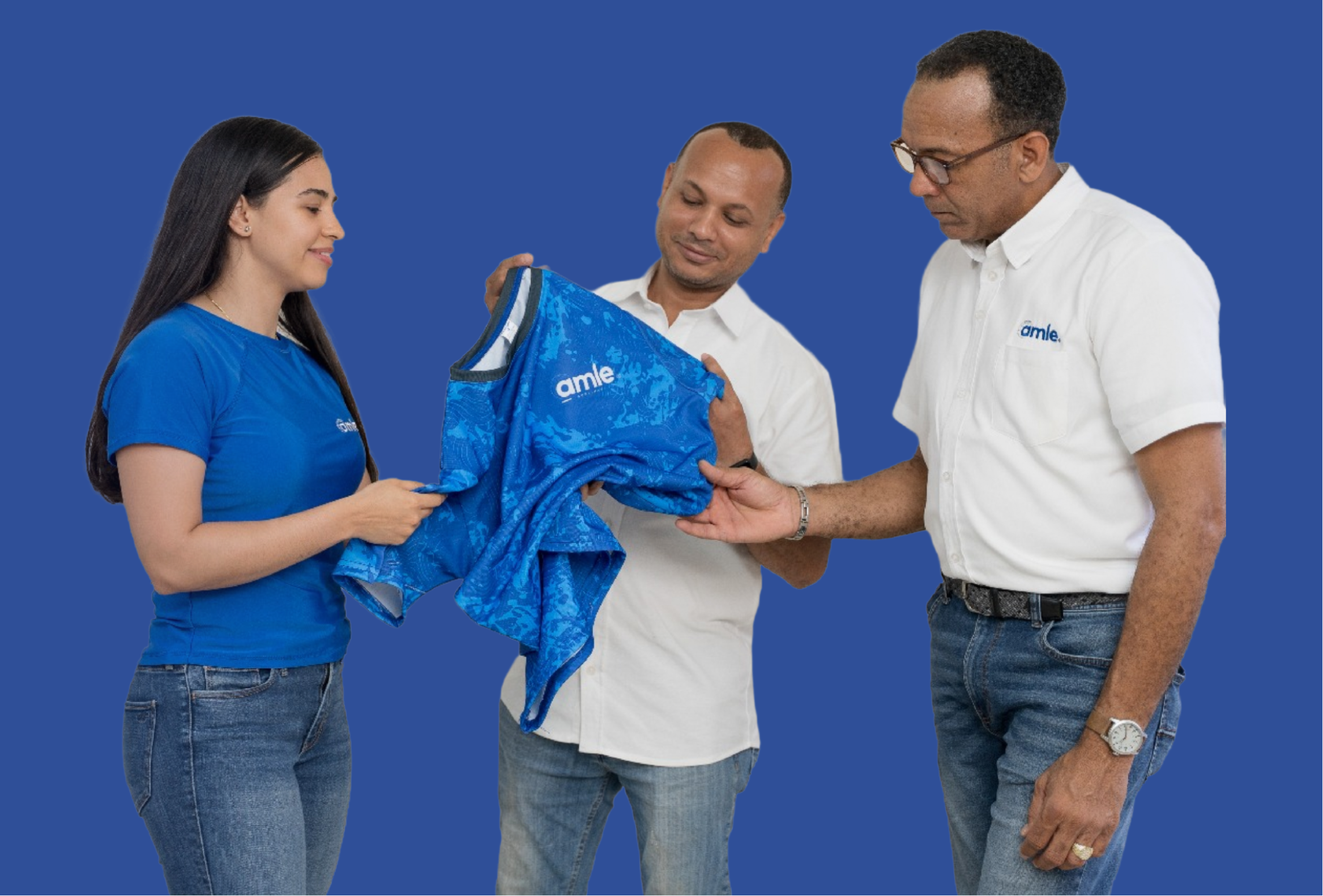 Three people interacting with a blue jacket against a blue background with '20+' text.