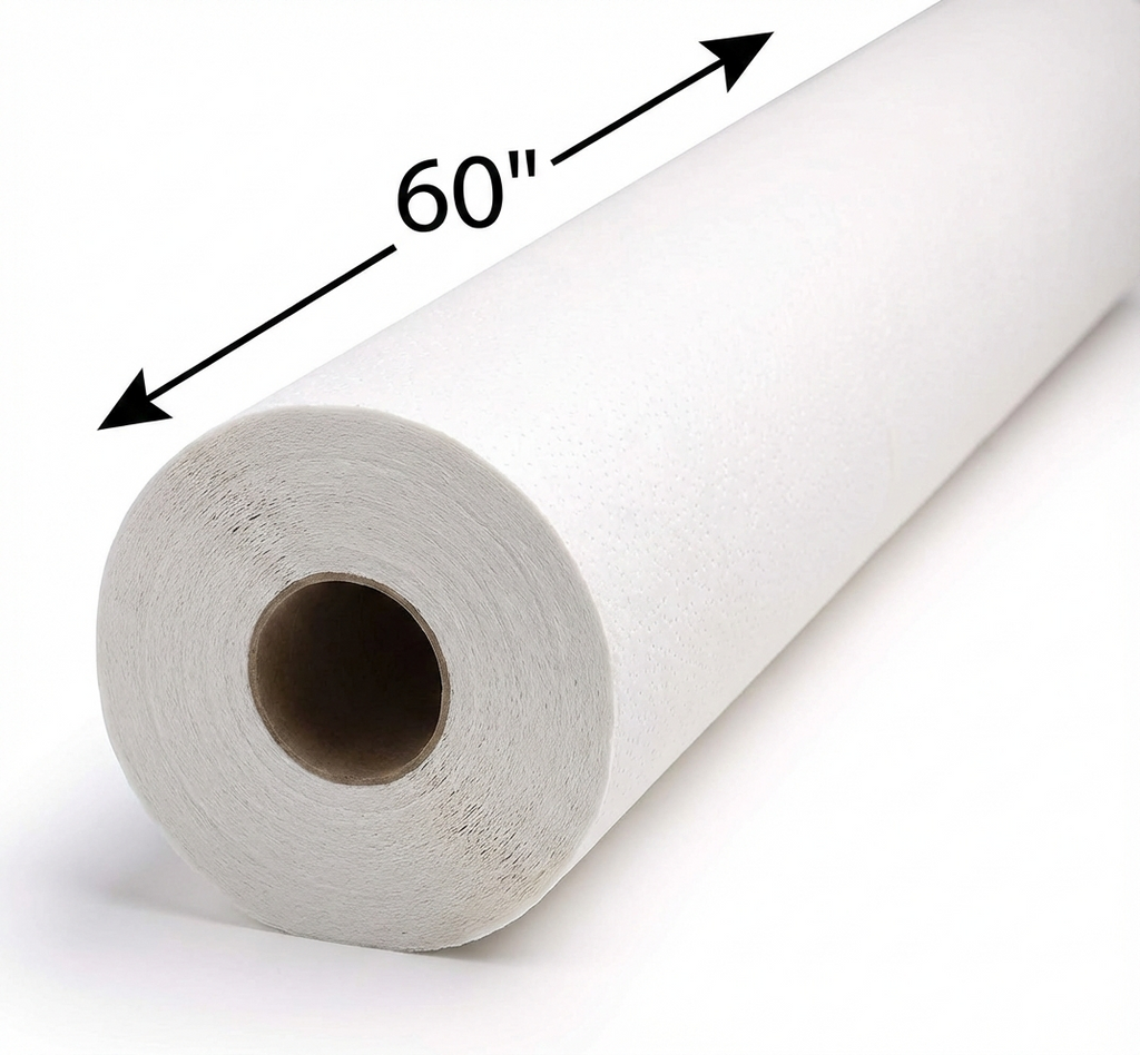Roll of embroidery backing with a measurement label indicating 60 inches on a white background