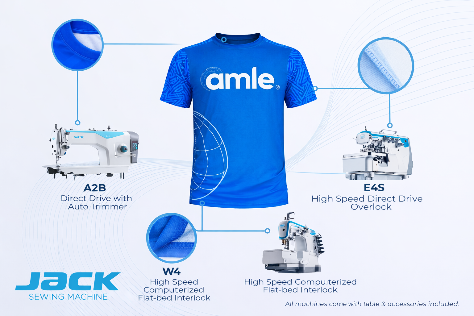 Blue t-shirt with 'amle' branding and  jack sewing machine illustrations on a white background