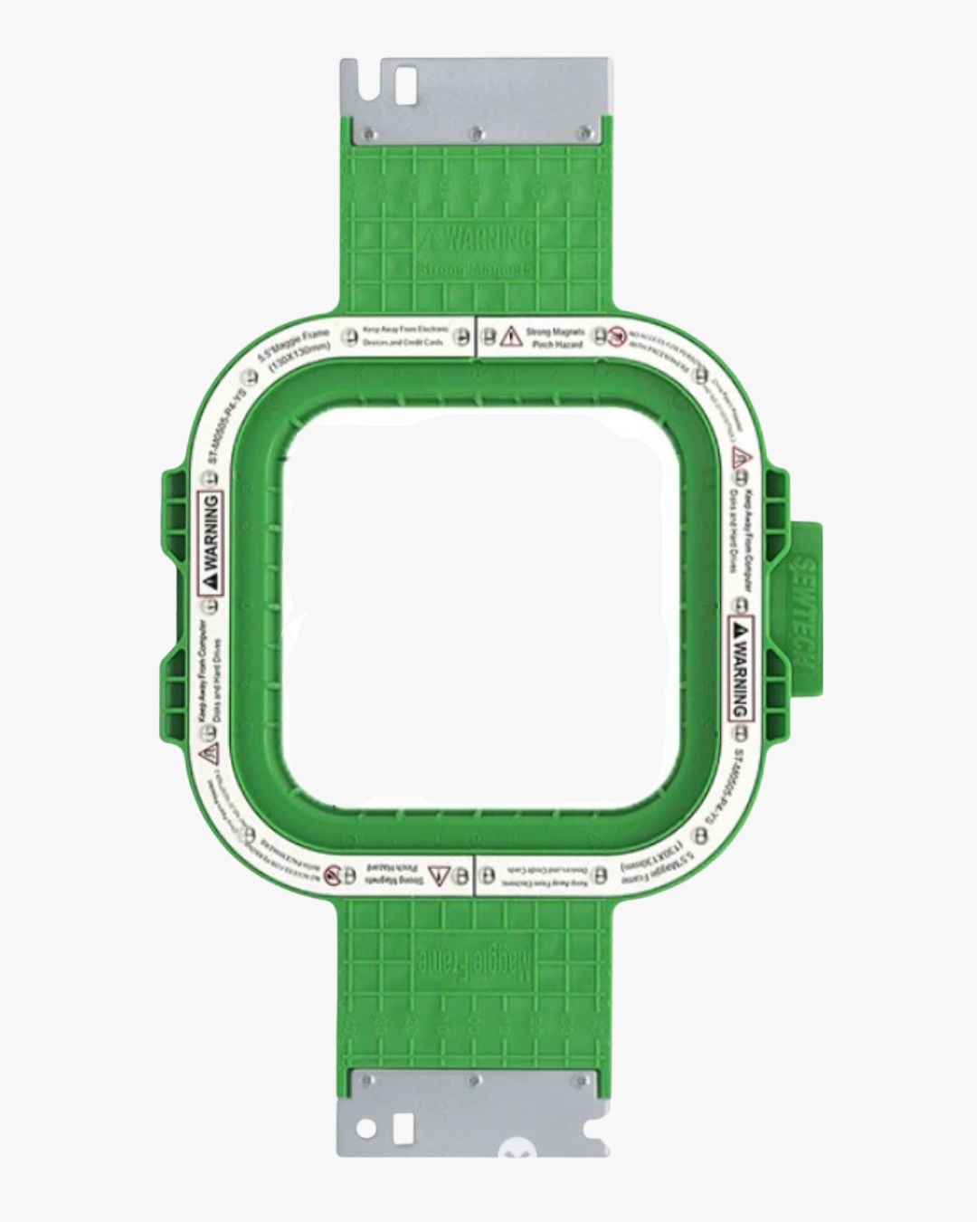 A green and white plastic embroidery hoop frame with silver metal tension arms at the top and bottom, shown against a plain white background.