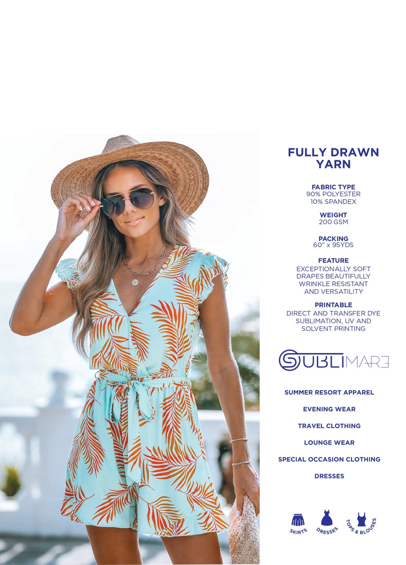 Woman wearing a tropical print dress and straw hat with product details on a white background