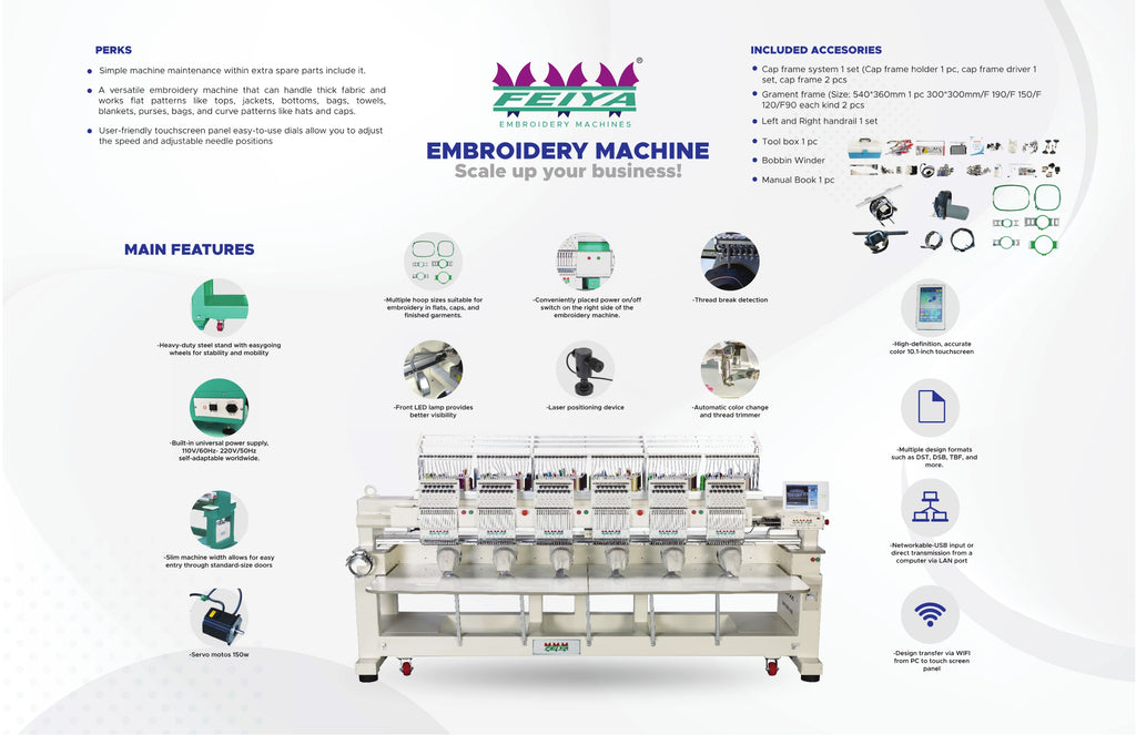 Advertisement for an embroidery machine with features and accessories listed.