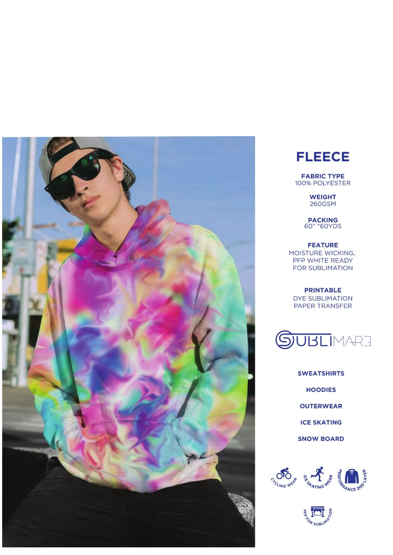 Person wearing a colorful tie-dye hoodie with product details on the right.