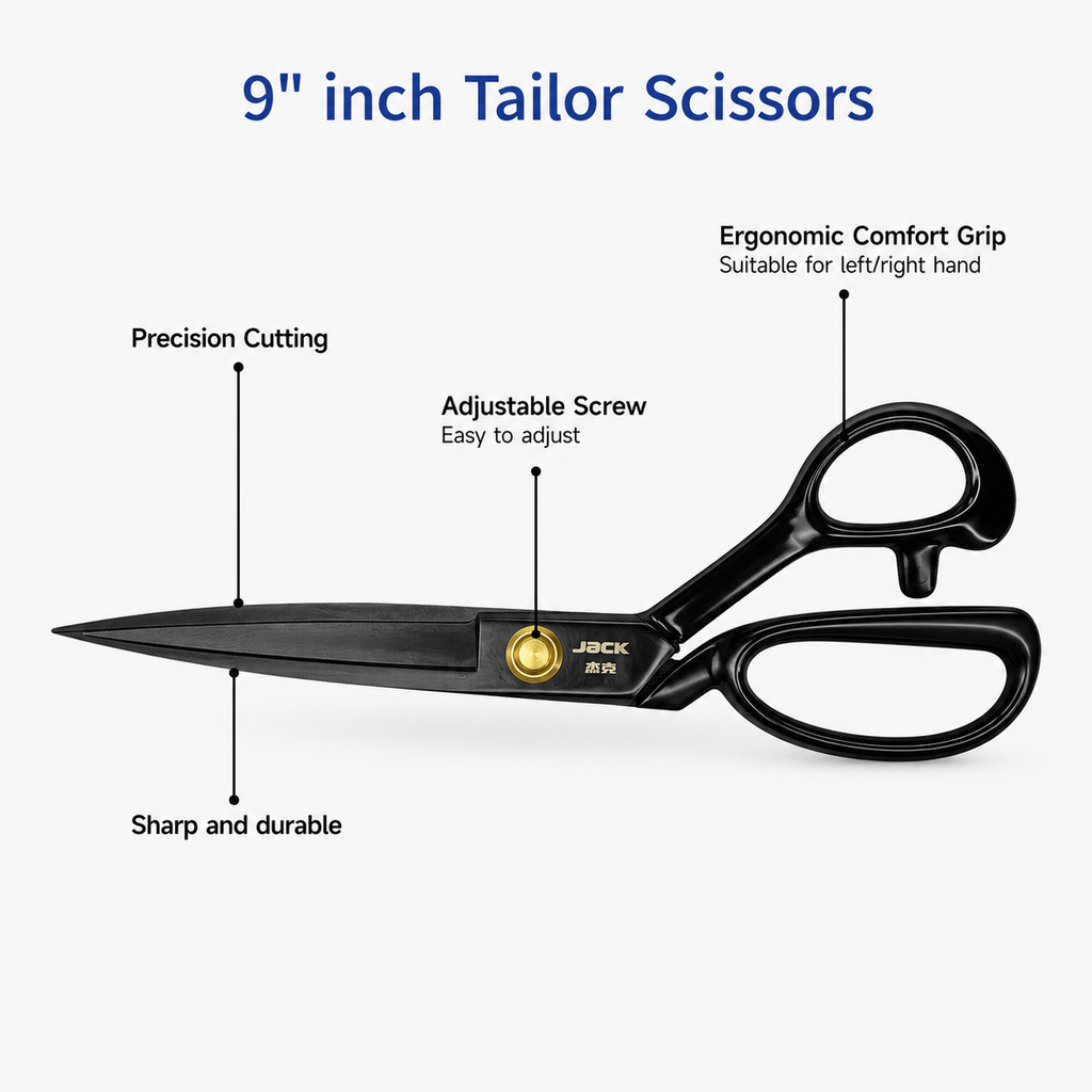 Black 9-inch tailor scissors with callout labels pointing to key features: precision cutting, sharp and durable blades, adjustable screw, ergonomic comfort grip, and suitability for left/right hand use. The brand JACK 80 is visible on the pivot area.