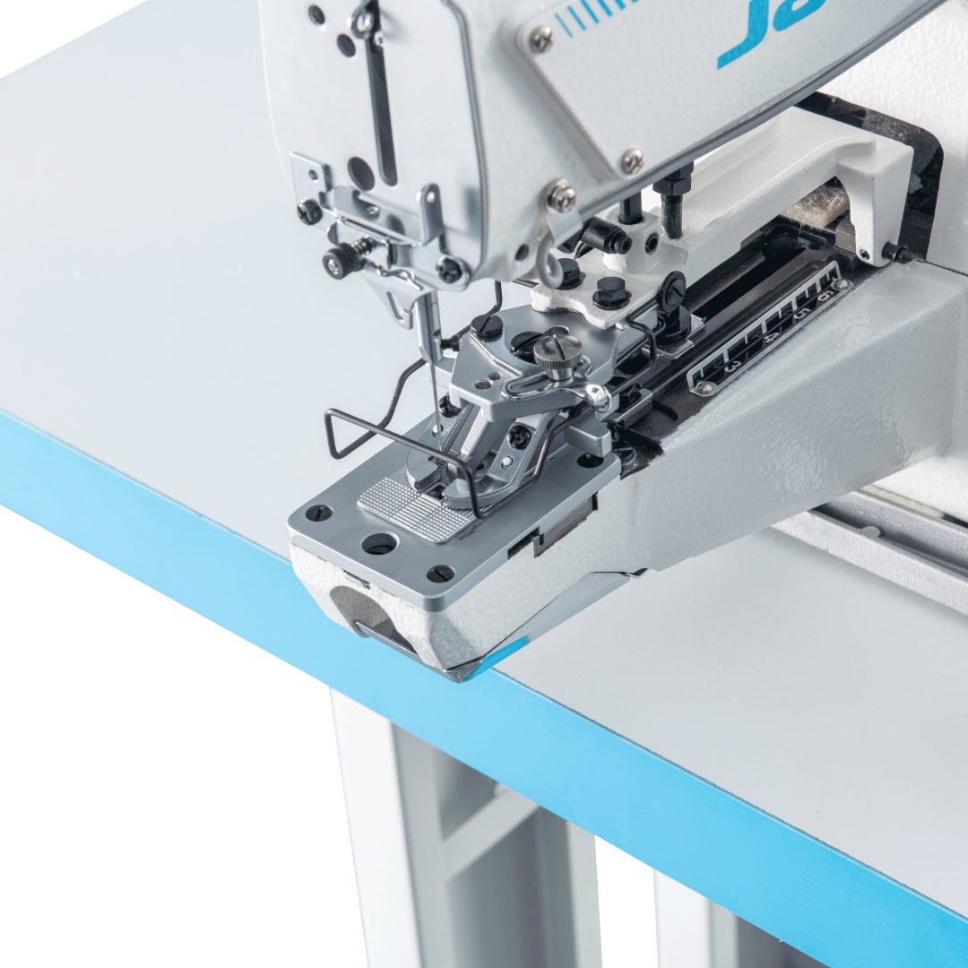 JK-1377E-2 Close-up of a sewing machine with a blue accent on a white background