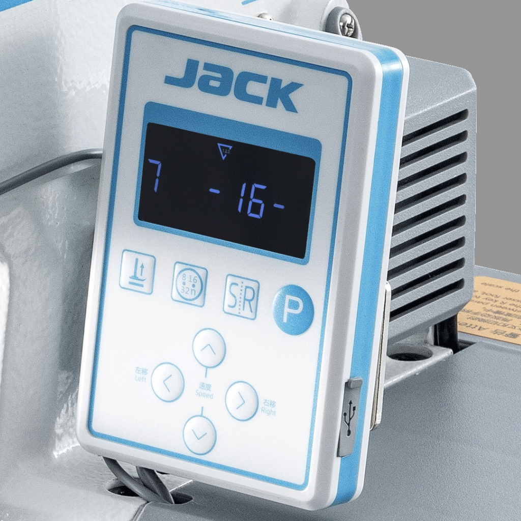 JK-1377E-4 Control panel with digital display and buttons on a machine, branded 'Jack'.