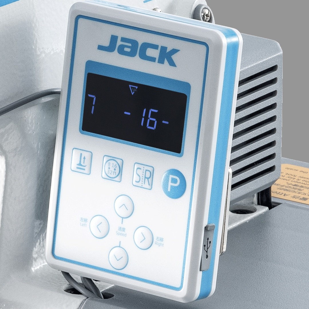 JK-1377E-4 Control panel with digital display and buttons on a machine, branded 'Jack'.