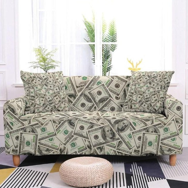 Scuba sublimation fabric sample Sofa with dollar bill pattern in a room with plants and a rug.